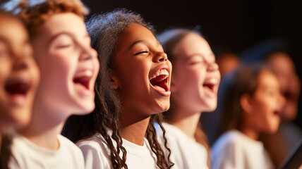 Close-up of a group of students singing passionately in a school choir concert, with an energetic music teacher directing from the front of the stage. Ai generated