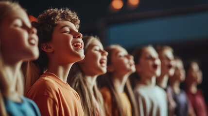 Close-up of a group of students singing passionately in a school choir concert, with an energetic music teacher directing from the front of the stage. Ai generated