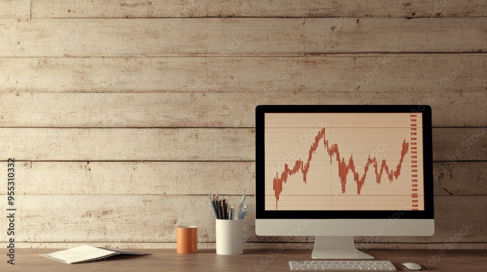 Poster computer screen displaying a falling stock graph in a dimly lit room amid financial crisis