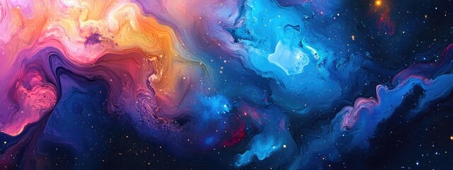 Colorful abstract space background on watercolor paper featuring a 3D cartoon rendering of a marble ink nebula hand painted cosmos and stars