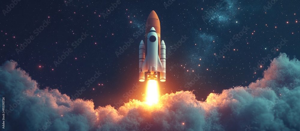 Leinwandbilder space rocket shuttle takes off into a starry sky exploring and settling on the red planet 3d cartoon