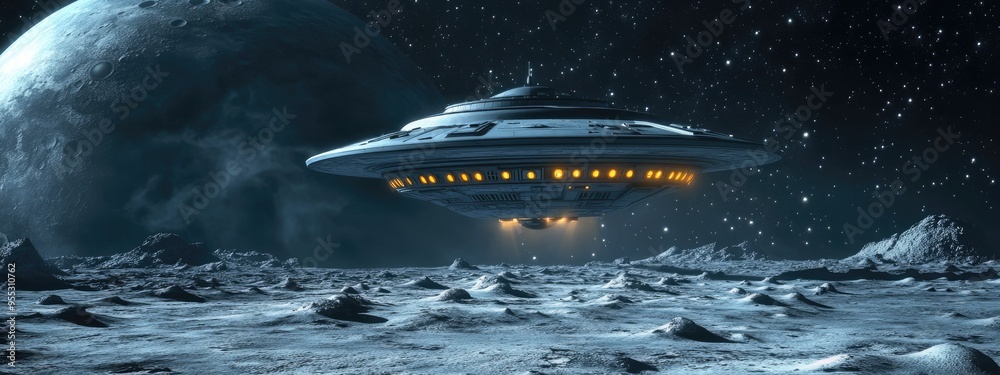 Aufkleber The space ship on a planet background rendered in 3D cartoon style