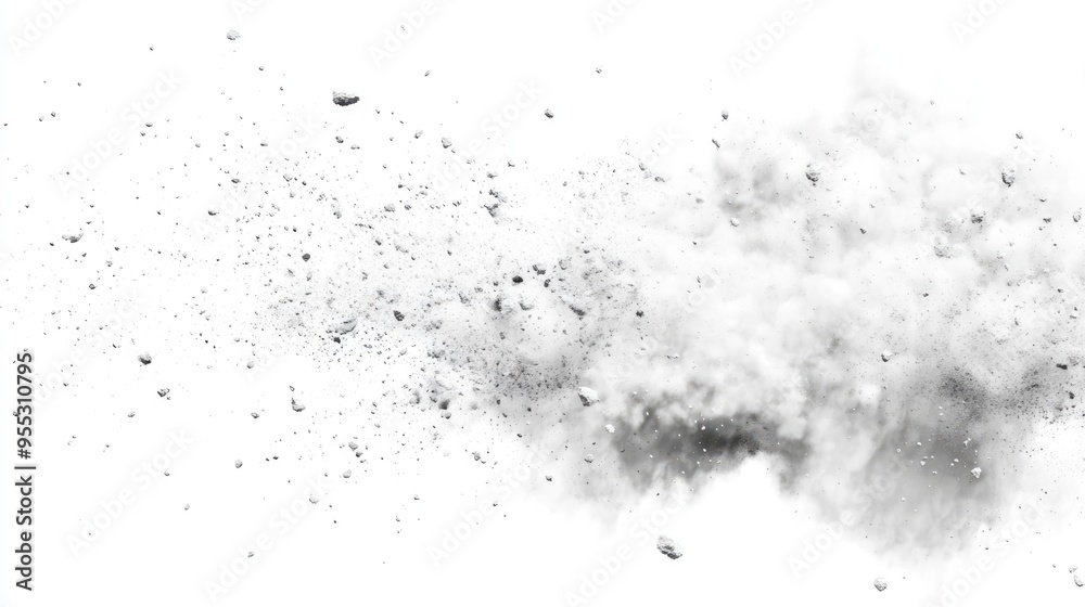 Poster Freeze motion of white particles on a white background in a 3D cartoon rendering Abstract dust overlay texture from a powder explosion