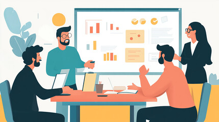 Fototapeta premium Facilitate regular team meetings to review progress, discuss challenges, and brainstorm solutions collaboratively, keeping everyone engaged and informed.