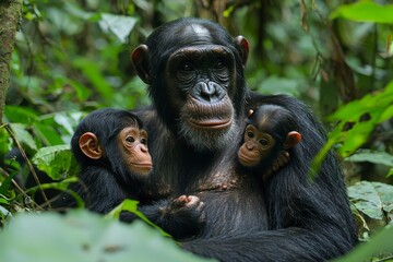Mother Chimpanzee Holding Two Young Offspring