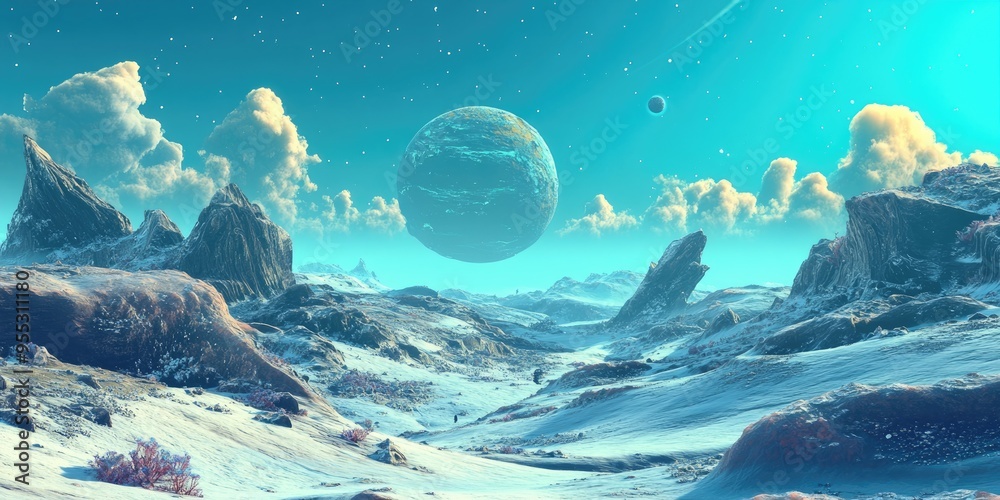Poster Beautiful view from an exoplanet featuring a 3D cartoon rendering of a computer generated surface showcasing a fantastic perspective of an alien planet in a fantasy world