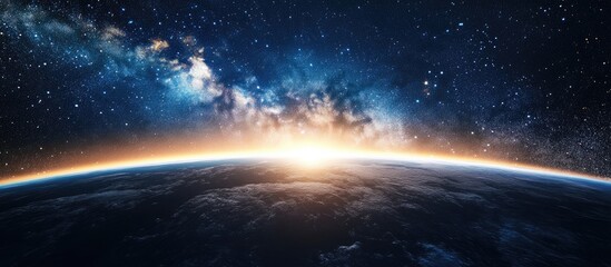 Fototapeta premium Rendering of a landscape featuring the Milky Way galaxy in a 3D cartoon style showcasing an Earth view from space with the Milky Way