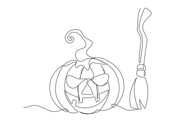 Continuous single line sketch drawing of spooky jack o lantern halloween pumpkins horror scary face with flying witch broom magical wand vector illustration	
