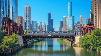 Obraz premium The view of a train passing over a bridge in Chicago during a clear day, with the city’s high-rise buildings and river creating a vibrant and lively urban scene. Ai generated