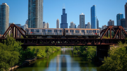 Obraz premium The view of a train passing over a bridge in Chicago during a clear day, with the city’s high-rise buildings and river creating a vibrant and lively urban scene. Ai generated