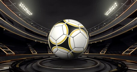 Golden shining sports arena for champions with rotating football ball and glowing floodlights in endless loop. Professional 4k video for sport event advertisement.