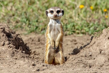Fototapeta premium Curious Meerkat Standing at the Entrance to its Burrow