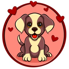 Small and sweet puppy dog ​​on pink background with round frame decorated with red hearts of various sizes