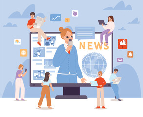 People and news. Man woman listen reading watching different media, reads newspaper. Web online posts, articles information, snugly vector scene