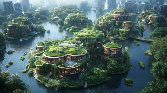 Illustration of aerial view of a futuristic utopian city featuring green rooftops renewable energy sources and waterways