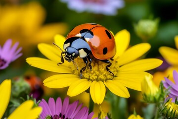 Fototapeta premium Ladybugs, in a field of wildflowers, bright contrasts create a lively scene full of color and life