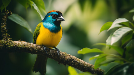 Paradise Tanager bird with bright colored feathers, perched on a tree branch with tropical rainforest background, Ai generated images