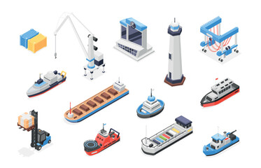 Isometric seaport elements. Industrial marine port 3d icons. Vessels ships lighthouse cargo containers. Sea transportation flawless vector set