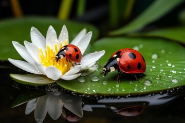 Obraz premium Ladybugs, on a lily pad, resting by the water find peace in a quiet corner of the garden