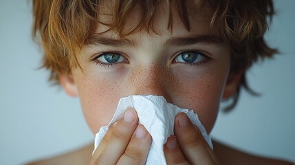 Toddler boy with sick look blowing her nose in the napkin, health and care concept, indoor portrait