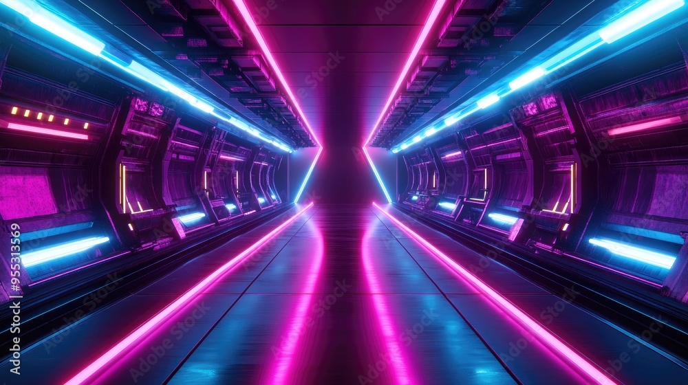 Canvas Prints neon glowing lines create a sci fi atmosphere in a dark tunnel with reflections on the floor and cei