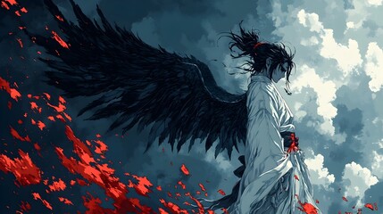 Tengu Demon Bringing Storm of Blood in Japanese Anime Pop Art