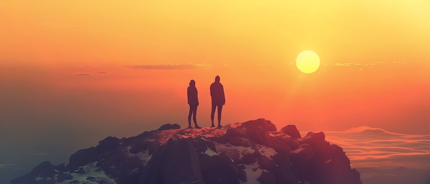 Couple standing on a mountain, watching the sunset