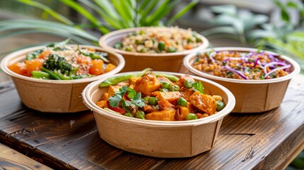 Assorted vegan bowls with fresh greens on wooden table
