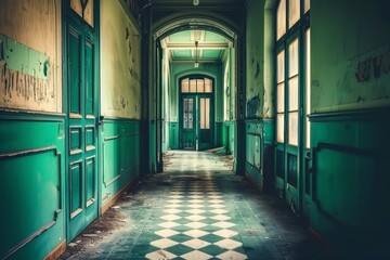 Fototapeta premium Abandoned hallway with peeling paint and vintage charm