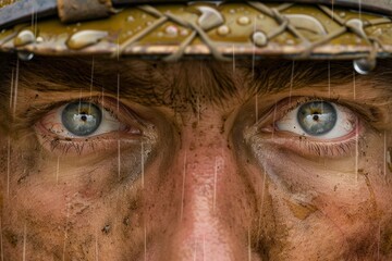 Intense gaze of a muddy face behind a visor helmet