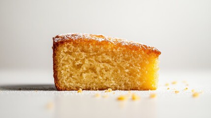 A minimalist semolina cake banner with a piece of cake centered, against a clean, white background.