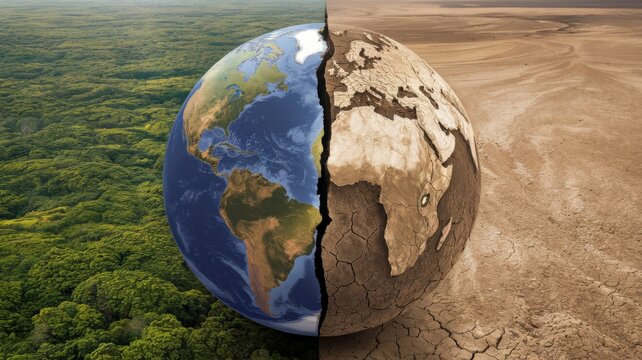 Contrasting Earth: A split-image showcasing the stark contrast between vibrant green forests and a parched, barren desert landscape.1