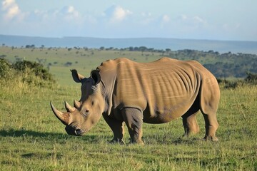 Obraz premium A White Rhino Grazing in a Field of Tall Grass