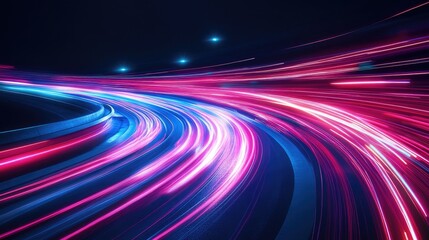 Neon glowing lines create a dynamic background with high speed light trails An abstract representation of light motion effects against a dark setting showcasing slow shutter traffic