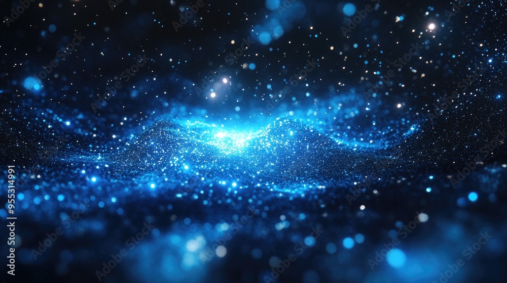 Poster glowing blue quantum particle fractal in a cosmic backdrop featuring a computer generated abstract d