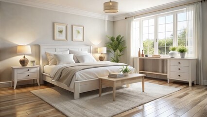 The bedroom features a light and airy atmosphere with a white bed frame and headboard complemented by wooden