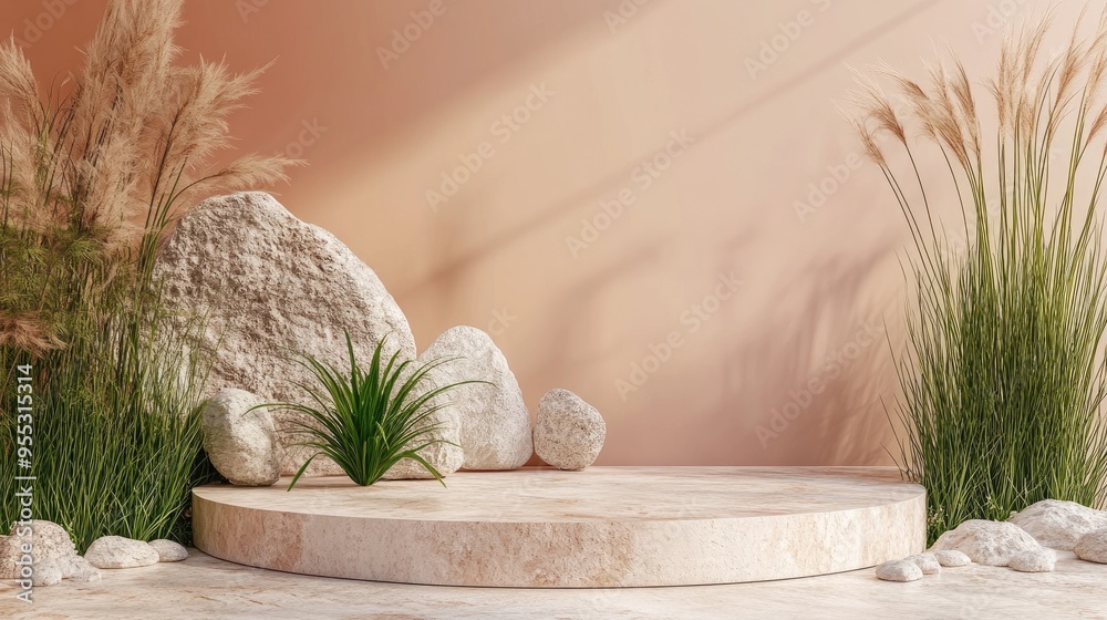 Poster Product display podium featuring an abstract backdrop with stones and grass elements 3D rendering