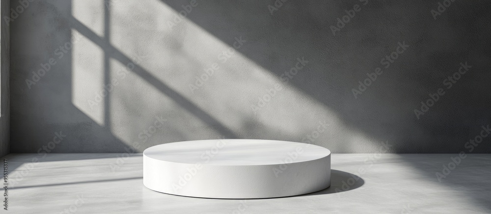 Poster white pedestal against a gray backdrop with ample space for your decorative elements