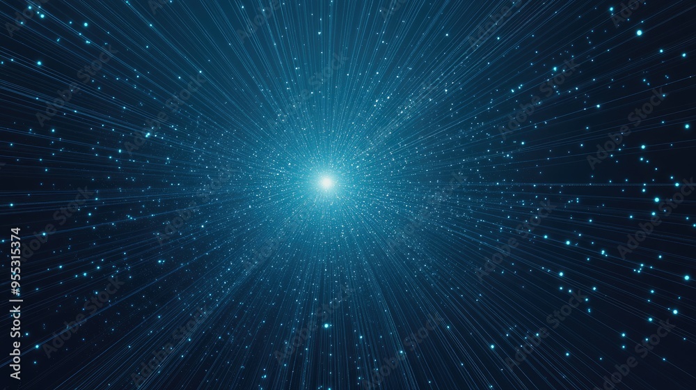 Poster lines and dots radiating from the center on a blue backdrop symbolizing information networks artific