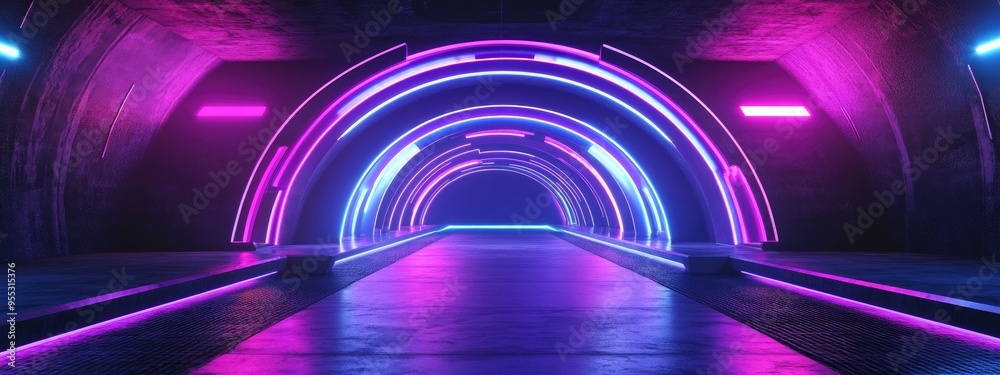 Poster futuristic sci fi modern structure with circular neon lasers in vibrant purple and blue designed for
