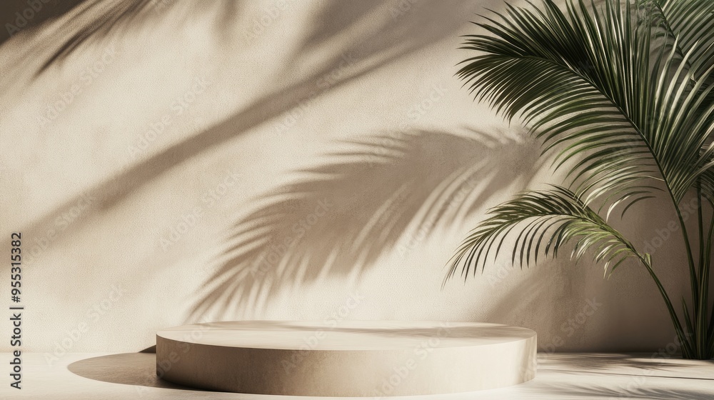 Fototapete Tropical palm tree shadow cast on a wall and shelf ideal for showcasing products Shadow of a palm tree on a neutral backdrop and display podium for presenting items Mockup for a display platform in
