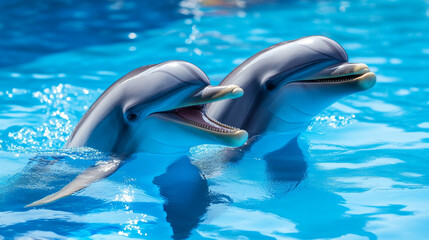 Two dolphins swim in the pool 