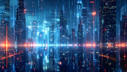 Obraz premium Digital cityscape with glowing lights and reflections, showcasing modern urban architecture