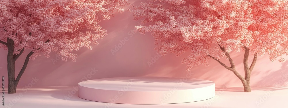 Poster Minimalist 3D podium set against a pink tree backdrop ideal for product showcasing Nature inspired environment featuring soft pastel hues and an unoccupied podium 3D rendering