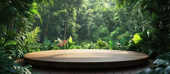 Wooden display platform in a lush forest environment featuring a green backdrop 3D rendering