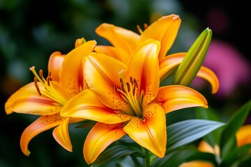 Obraz premium Lilies, in full bloom, vibrant colors brighten gardens with their bold, striking beauty