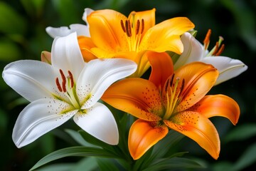 Fototapeta premium Lilies, in full bloom, vibrant colors brighten gardens with their bold, striking beauty