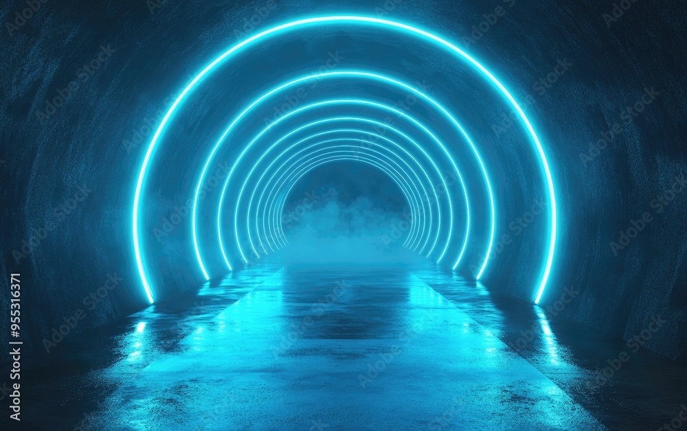 Poster smoke and neon lights in a glowing blue futuristic tunnel with a sci fi aesthetic featuring a virtua