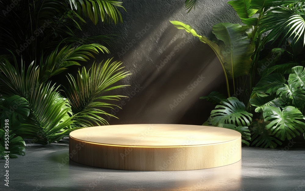 Aufkleber realistic 3d rendered background for product display close up of a round empty oak table illuminated