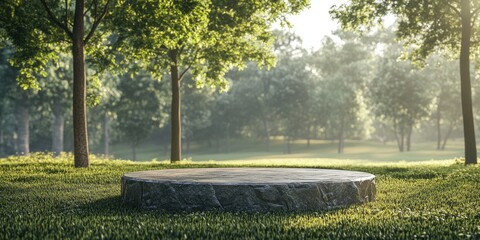 Abstract realistic 3D render of a spring setting featuring a stone podium on a grassy field in a forest ideal for product presentation advertising or mockups